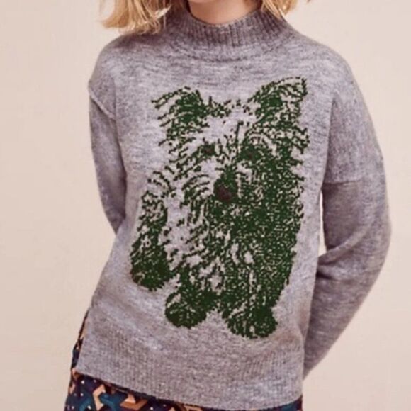 Anthropologie MOTH Gray with Green Scottie Dog Wool Blend Mock Neck Sweater ~ SP - Picture 1 of 11